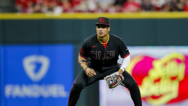 Sep 22, 2023; Cincinnati, Ohio, USA; Cincinnati Reds third baseman Noelvi Marte (16) prepares for the pitch against the Pittsburgh Pirates in the eighth inning at Great American Ball Park. Mandatory Credit: Katie Stratman-USA TODAY Sports  